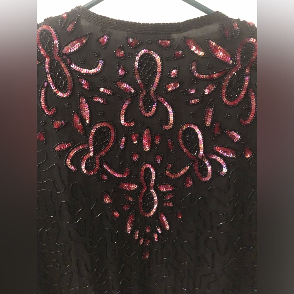 Vintage Black Beaded Open-Front Jacket with Pink Sequin Accents 80s retro glam L - Picture 6 of 16